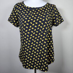 PLEIONE Shirt Womens Small Elephant‎ All Over Print Black Yellow Top Made In USA